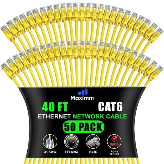 Maximm Cat 6 Ethernet Cable - 40 ft (50-Pack) - High-Speed LAN, Internet, Patch, and Network Cable - UTP, 10Gbps, 550MHz Ethernet Cord - Yellow