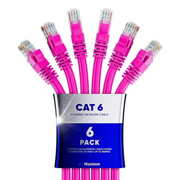 Maximm Cat 6 Ethernet Cable 50 ft (6-Pack) - High-Speed LAN Cable, Internet Cable, Patch Cable, and Network Cable - UTP, 10Gbps, 550MHz Ethernet Cord - Pink