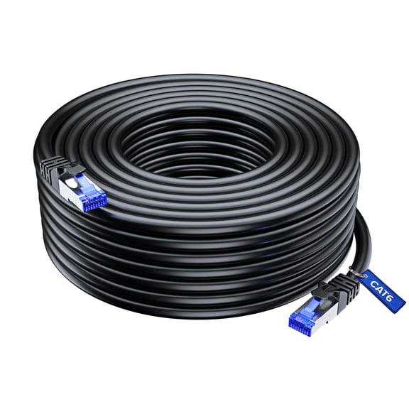 Maximm Cat6 Waterproof Outdoor Ethernet Network Cable, Pure Copper 550MHz, 100ft, Black