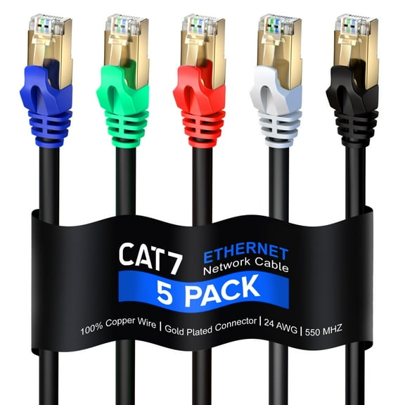 Maximm Cat7-6FT - 5 Pack - Multi Colored Tips -10Gbps - 600Mhz High Speed Ethernet Double Shielded STP, Patch and Network Cable