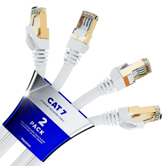 Maximm Cat7 Ethernet Cable - 12FT - 2 Pack - White - 10Gbps - 600Mhz High Speed Double Shielded, Patch and Network Cable