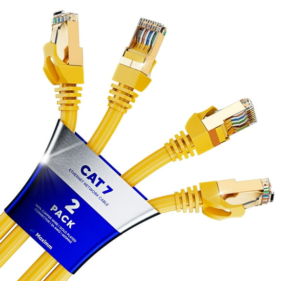 Maximm Cat7 Ethernet Cable - 2 Pack - 10Gbps - 600Mhz High Speed Double Shielded, Patch and Network Cable (6 Feet, Yellow)