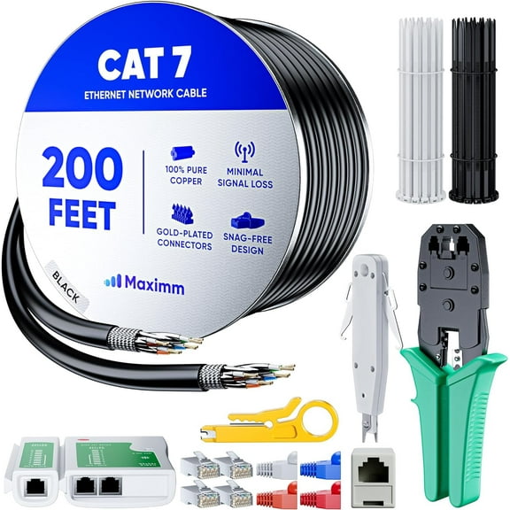 Maximm Cat7 High-Speed Wire Installation Kit 200 ft Black - Crimp Tool, 50 RJ45 Connectors, Tester, Cable Ties, Caps, Adapters - Tools & Accessories Included