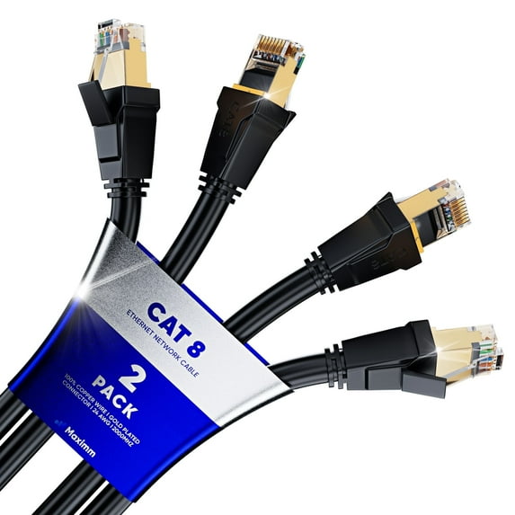 Cat8 Ethernet Cable - 1.5FT - 2 Pack - Black - with A Gold Plated RJ45-40Gbps - 2000Mhz High Speed Double Shielded UTP, Patch and Network Cable