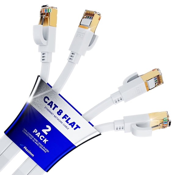 Cat 8 Ethernet Cable 1.5 ft, Flat Cable with Gold-Plated RJ45 Connector, LAN Internet Cable, Network Cable for Modems, Routers, High Speed, White (2 Pack)