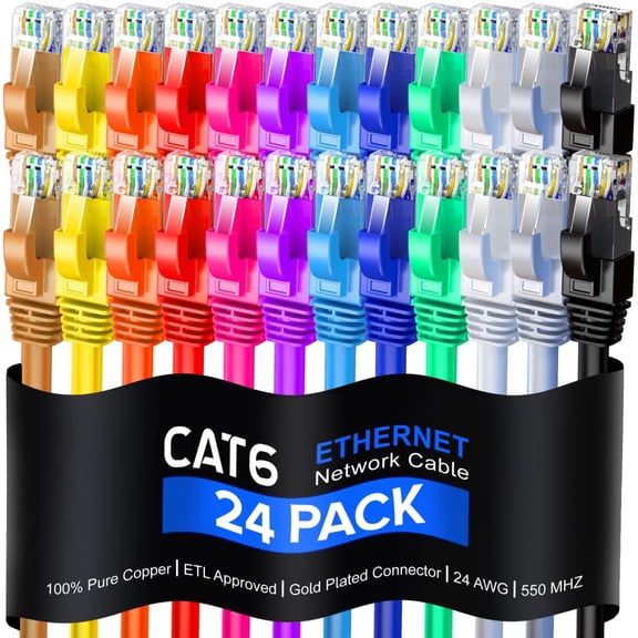 Cat 6 Ethernet Cable 0.9 Ft, 100% Pure Copper, Cat6 Cable (24 Pack) LAN Cable, Internet Cable, Patch Cable and Network Cable - UTP (Multicolor) 0.9 Foot