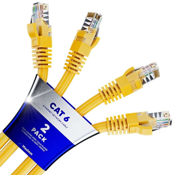 Cat 6 Ethernet Cable 10 Ft, 100% Pure Copper, Cat6 Cable (2 Pack) LAN Cable, Internet Cable, Patch Cable and Network Cable - UTP (Yellow) 10 Feet