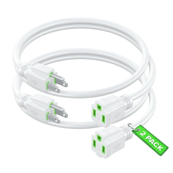 Maximm Extension Cord 1 Ft, 2 Pack White Power Cords Indoor 16 Gauge Wire SJTW Heavy Duty ETL Listed (1Ft, White with Green Indicators, 2 Pack)
