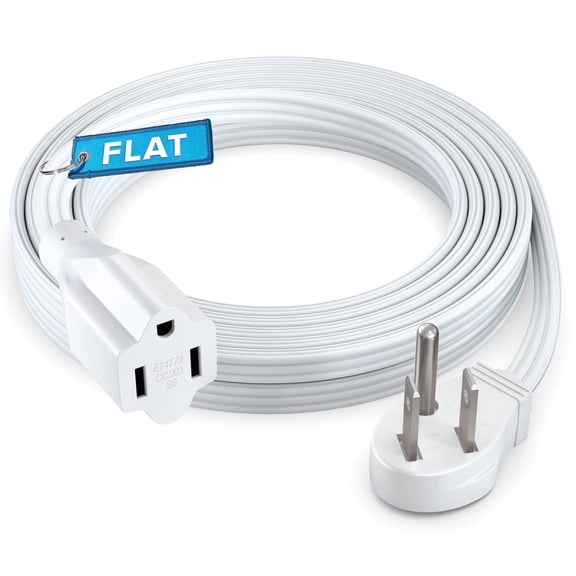 Maximm 10 Ft Flat Extension Cord 16 Awg 3 Prong Grounded Indoor Power Cable, Low Profile 45 Degree Angled Plug, White