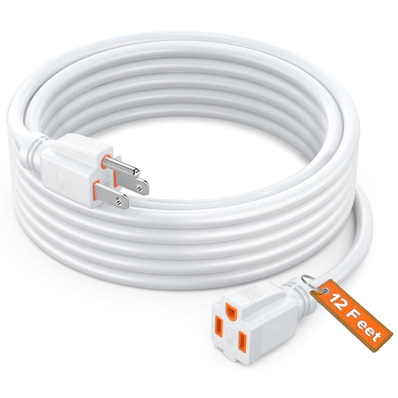 Maximm Extension Cord 12 Ft White Power Cords Indoor 16 Gauge Wire SJTW Heavy Duty ETL Listed (12Ft, White with Orange Indicators)