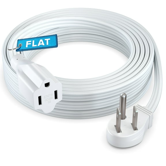 Maximm Extension Cord (20 Feet) 1 Outlet Flat Wire, 3-Prong 45° Angled Flat Plug, 16 AWG Power Cord - UL Certified (White)