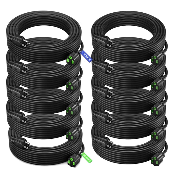 Maximm Extension Cord 20 Ft, 10 Pack Black Power Cords Indoor 16 Gauge Wire SJTW Heavy Duty ETL Listed (20Ft, Black with Green Indicators, 10 Pack)