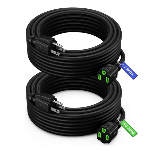 Maximm Extension Cord 25 Ft, 2 Pack Black Power Cords Indoor 16 Gauge Wire SJTW Heavy Duty ETL Listed (25Ft, Black with Green Indicators, 2 Pack)