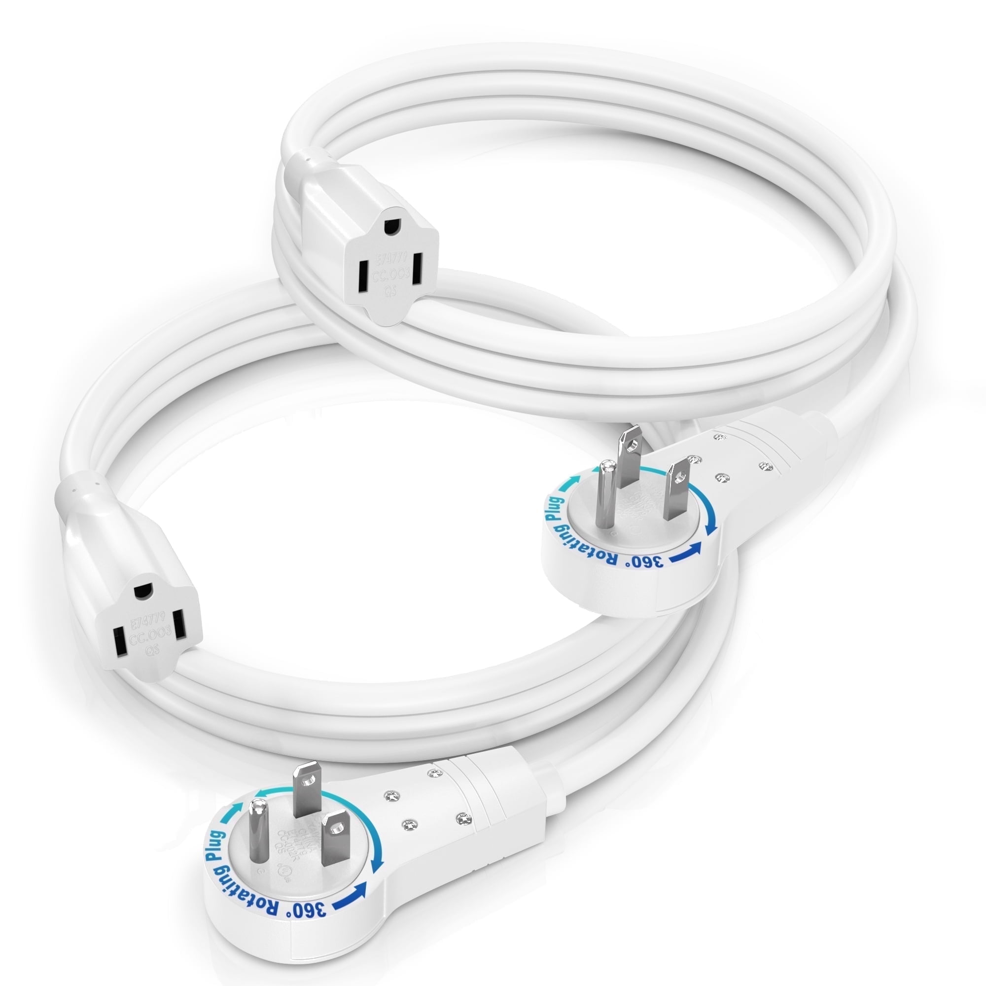 Maximm Extension Cord 3 Feet White (2 Pack) Flat Plug, 360° Rotating Short Power Cord Single Outlet, Indoor 16 Gauge 3 Prong Grounded Wire UL Certifed