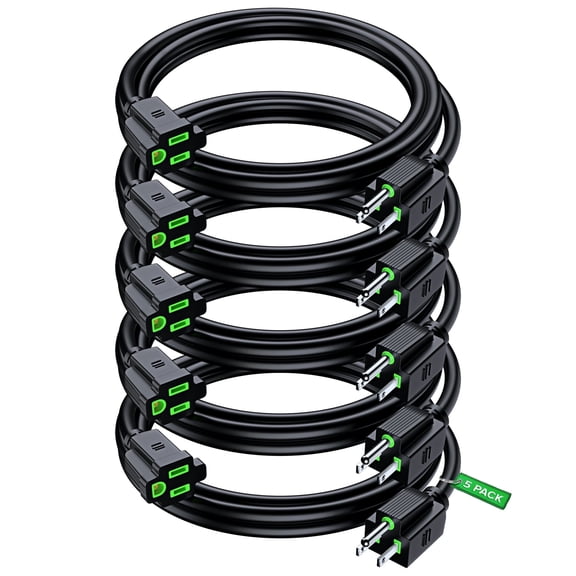 Maximm Extension Cord 6 Ft, 5 Pack Black Power Cords Indoor 16 Gauge Wire SJTW Heavy Duty ETL Listed (6Ft, Black with Green Indicators, 5 Pack)