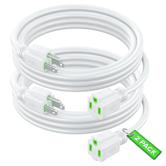 Maximm Extension Cord 8 Ft, 2 Pack White Power Cords Indoor 16 Gauge Wire SJTW Heavy Duty ETL Listed (8Ft, White with Green Indicators, 2 Pack)