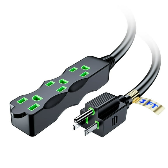 Maximm Extension Cord, Extension Cord with Multiple Outlets (3 Outlets), Outlet Extender with Indoor Wire, Multi Plug Outlet 125V, 3 Prong Extension Cord, ETL Listed, Black with Green Indicators, 3ft