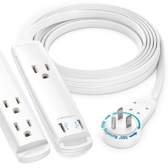 Maximm Extension Cord with USB Ports 10FT, 360° Rotating Flat Plug Extension Cord, 3-Outlet with USB Ports (2 Ports), 3 Prong Extension Cord, Grounded Extension Cord (White) UL Certified
