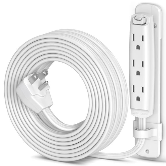 Maximm Flat Extension Cord 25 ft Multi 3-Outlet Power Cord with Mounting Bracket, Grounded 16 AWG UL Certified, White