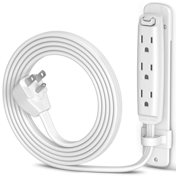 Maximm Flat Extension Cord 4 ft Multi 3-Outlet Power Cord with Mounting Bracket, Grounded 16 AWG UL Certified, White