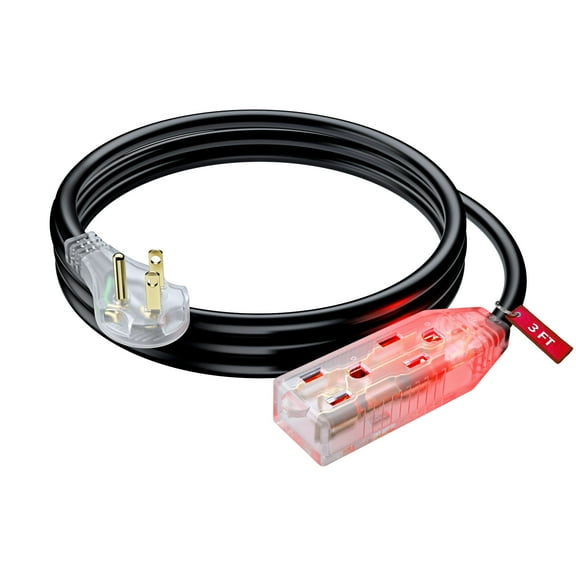 Maximm Flat Plug Extension Cord - 3 Feet 16 AWG/Wire, Multi Outlet - 3 Prong Angled Plug Extension Cord, ETL Listed - Black - 3 Foot