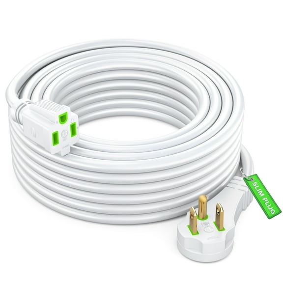 Maximm Flat Plug Extension Cord 30 ft with Slim Space-Saving Plug Design, Low Profile Extension Cord 14AWG (White)