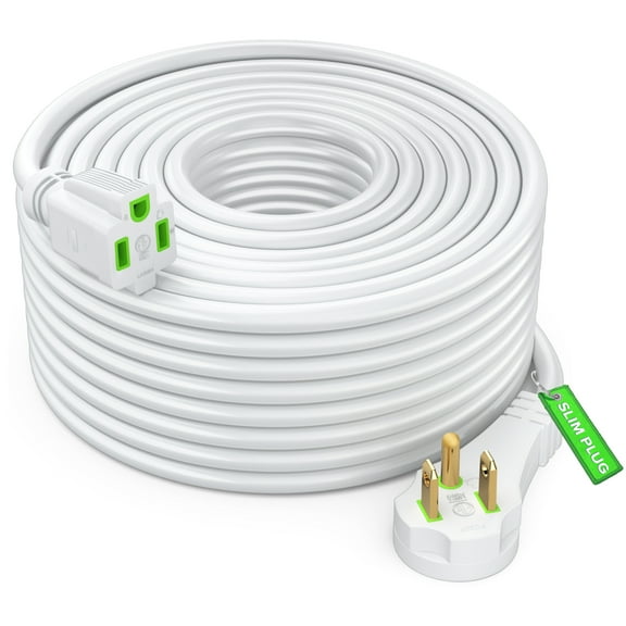 Maximm Flat Plug Extension Cord 50 ft with Slim Space-Saving Plug Design, Low Profile Extension Cord 14AWG (White)