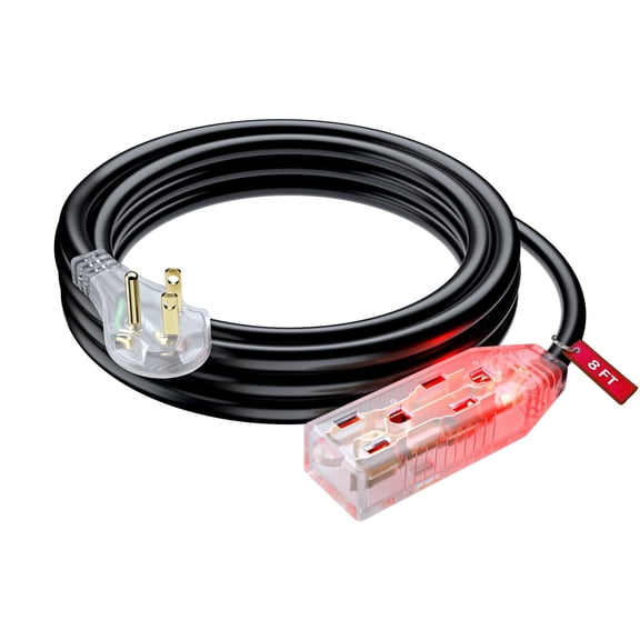 Maximm Flat Plug Extension Cord - 8 Feet 16 AWG/Wire, Multi Outlet - 3 Prong Angled Plug Extension Cord, ETL Listed - Black - 8 Foot