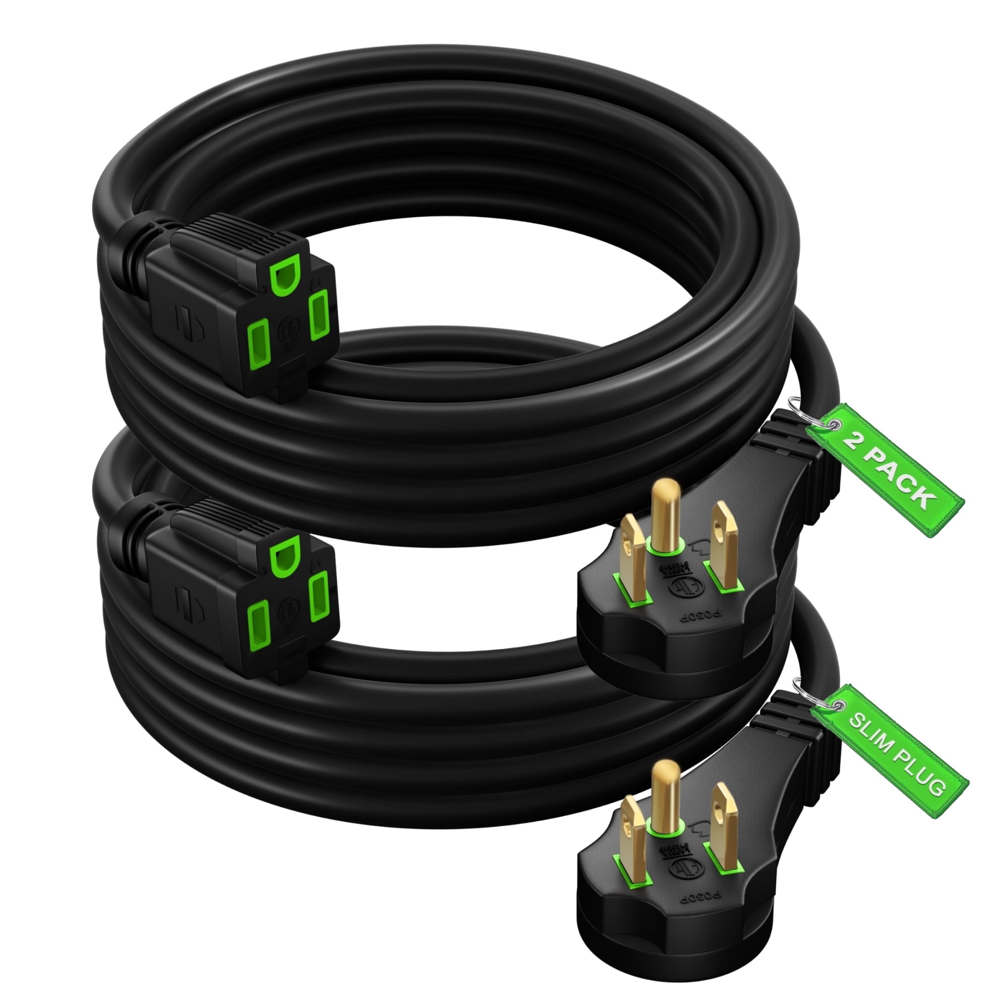 Maximm Flat Plug Extension Cord 8 ft with Slim Space-Saving Plug Design, Low Profile Extension Cord 14AWG (Black, 2 Pack)