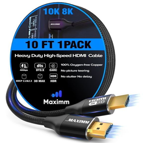 Maximm HDMI 2.1 Cable 10 Feet, Black, 8K 60Hz 4K 120Hz Ultra High Speed, 48Gbps, eARC, Dolby Vision