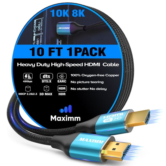 Maximm HDMI 2.1 Cable 10 Feet, Blue, 8K 60Hz 4K 120Hz Ultra High Speed, 48Gbps, eARC, Dolby Vision