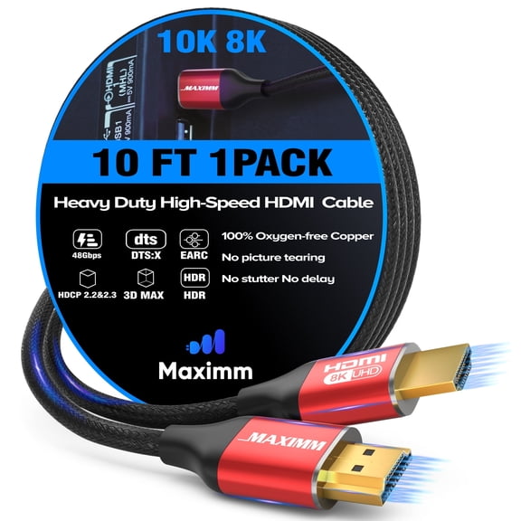 Maximm HDMI 2.1 Cable 10 feet, Burgundy, 8K 60Hz 4K 120Hz Ultra High Speed 48Gbps Cord, HDR, eARC, Dolby Vision