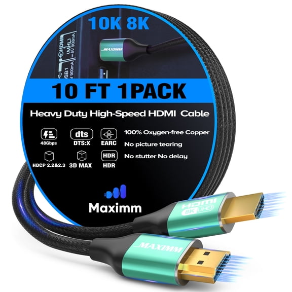 Maximm HDMI 2.1 Cable 10 Feet, Green, 8K 60Hz 4K 120Hz Ultra High Speed, 48Gbps, eARC, Dolby Vision