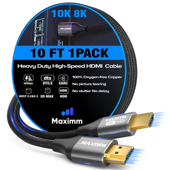 Maximm HDMI 2.1 Cable 10 Feet, Silver, 8K 60Hz 4K 120Hz Ultra High Speed, 48Gbps, eARC, Dolby Vision
