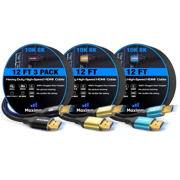 Maximm HDMI 2.1 Cable 12 Feet, Multicolor, 2 Pack, 8K 60Hz 4K 120Hz Ultra High Speed, 48Gbps, eARC, Dolby Vision