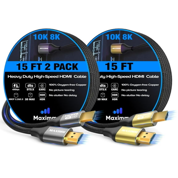 Maximm HDMI 2.1 Cable 15 Feet, Multicolor, 2 Pack, 8K 60Hz 4K 120Hz Ultra High Speed, 48Gbps, eARC, Dolby Vision