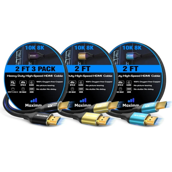 Maximm HDMI 2.1 Cable 2 Feet, Multicolor, 3 Pack, 8K 60Hz 4K 120Hz Ultra High Speed, 48Gbps, eARC, Dolby Vision