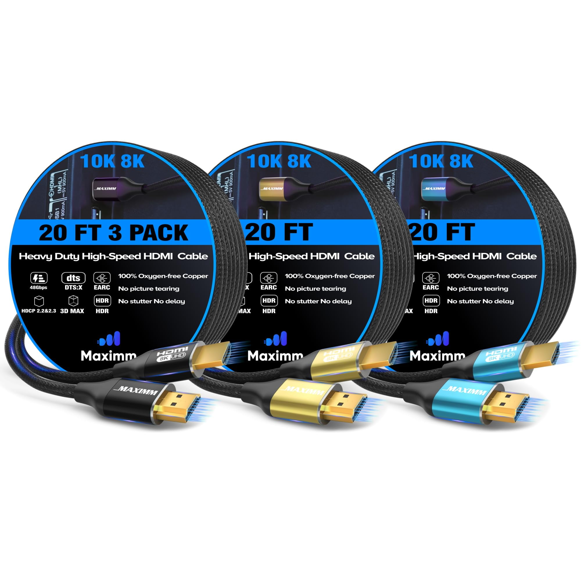 Maximm HDMI 2.1 Cable 20 Feet, Multicolor, 3 Pack, 8K 60Hz 4K 120Hz Ultra High Speed, 48Gbps, eARC, Dolby Vision