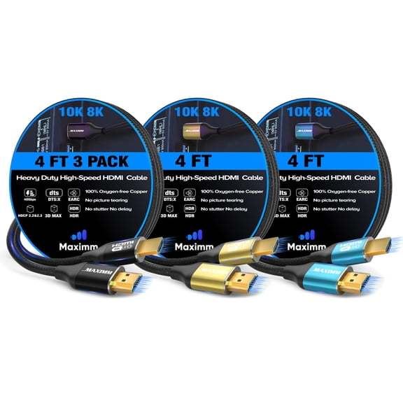 Maximm 4 Foot HDMI 2.1 Cable, 3 Pack, Ultra High Speed 48Gbps, 8K 60Hz 4K 120Hz, eARC, HDR, Gaming Cord