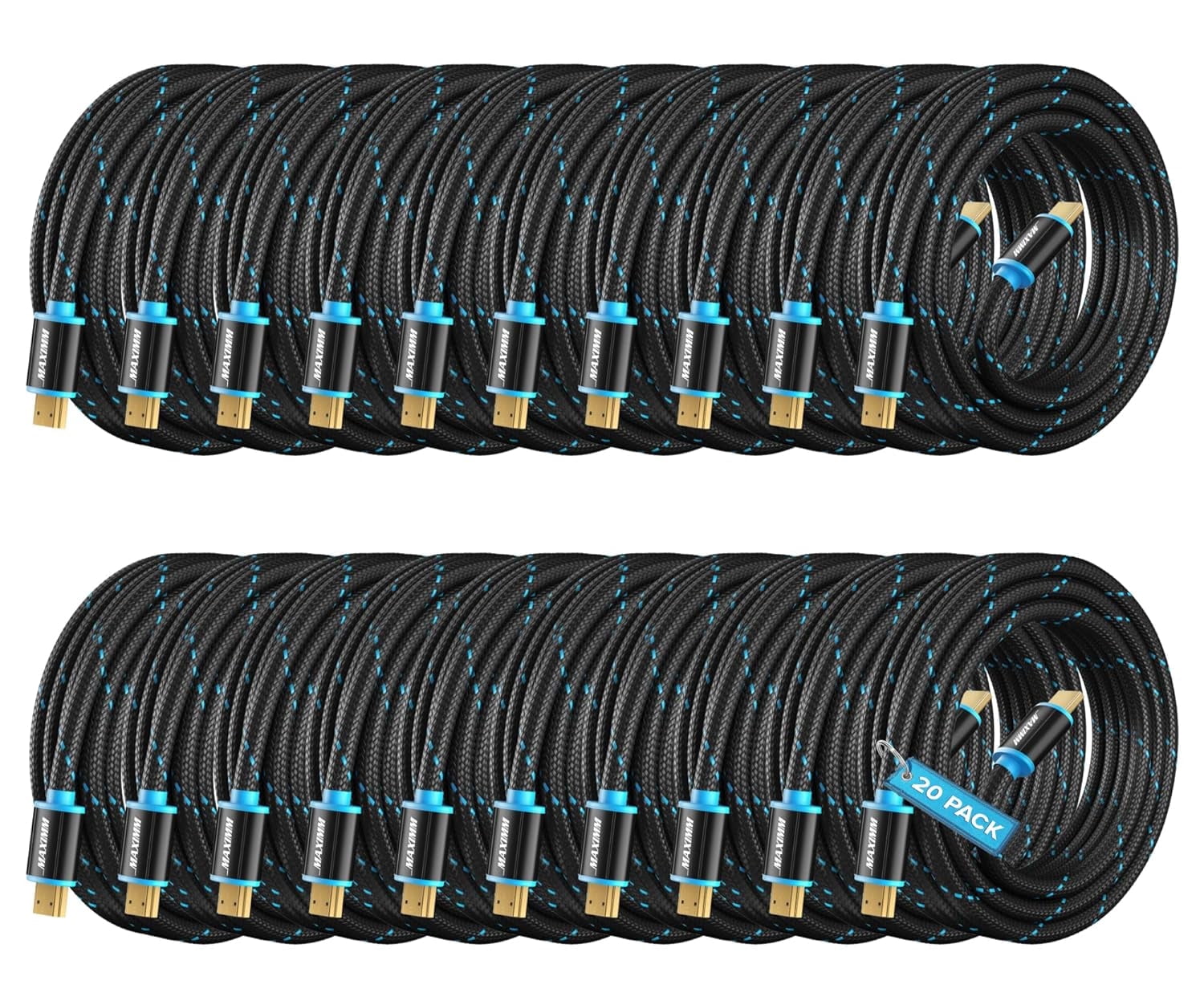 Maximm 4K HDMI Cable 20 Pack 10 Feet – High-Speed HDMI Cord 18 Gbps, Supports 4K 60Hz, Nylon Braided