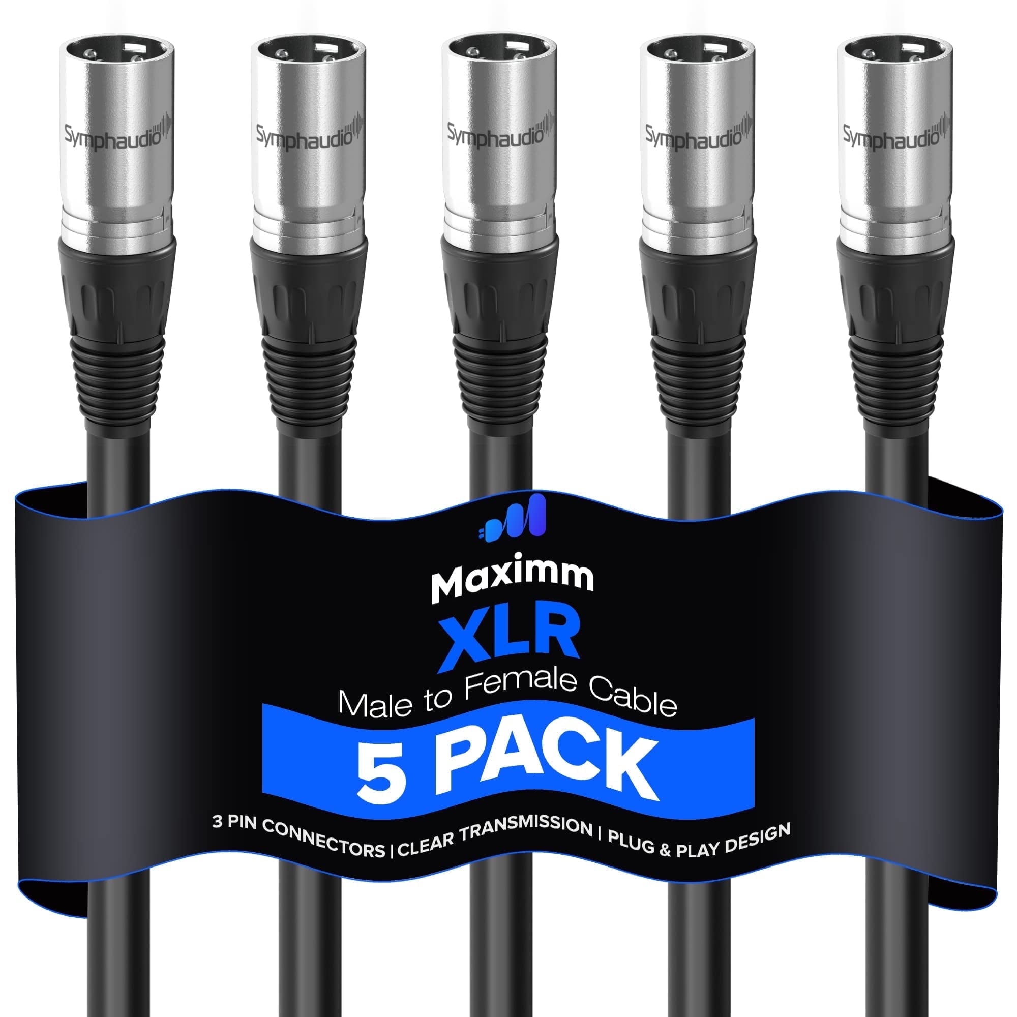 Maximm Microphone Cable, Black Mic Cable Wire XLR Male to XLR Female 50ft - Heavy Duty Microphone Cord W/Metal Connectors, Impedance-Balanced Lines for RF & EM Noise Reduction (5-Pack)