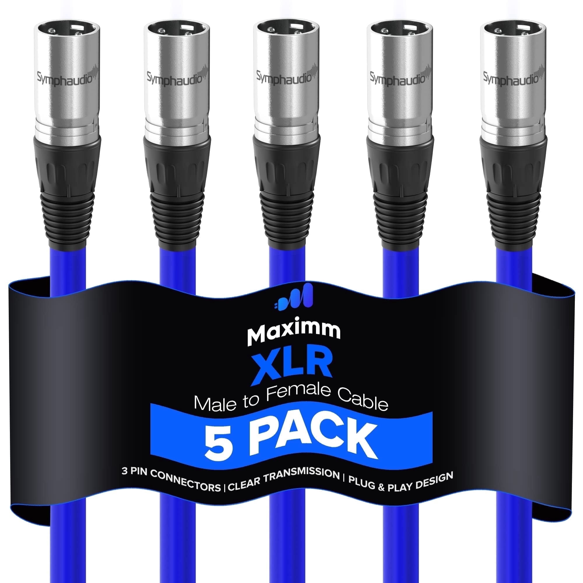 Maximm Microphone Cable, Blue Mic Cable Wire XLR Male to XLR Female 25ft - Heavy Duty Microphone Cord W/Metal Connectors, Impedance-Balanced Lines for RF & EM Noise Reduction (5-Pack)