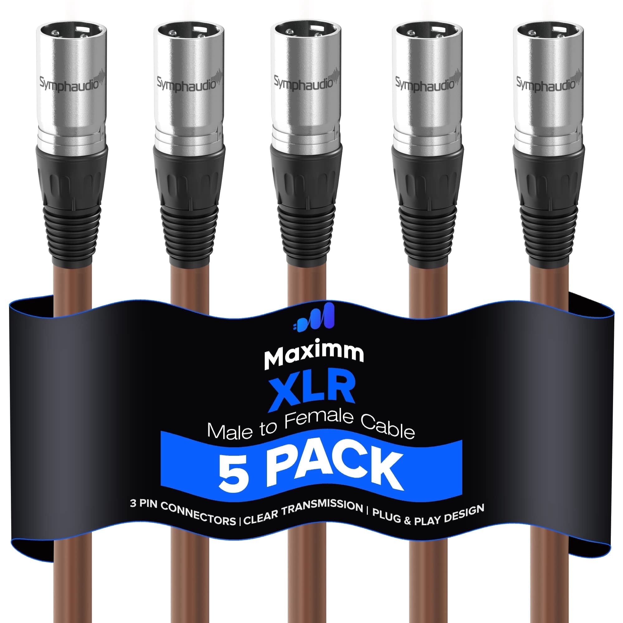 Maximm Microphone Cable, Brown Mic Cable Wire XLR Male to XLR Female 20ft - Heavy Duty Microphone Cord W/Metal Connectors, Impedance-Balanced Lines for RF & EM Noise Reduction (5-Pack)