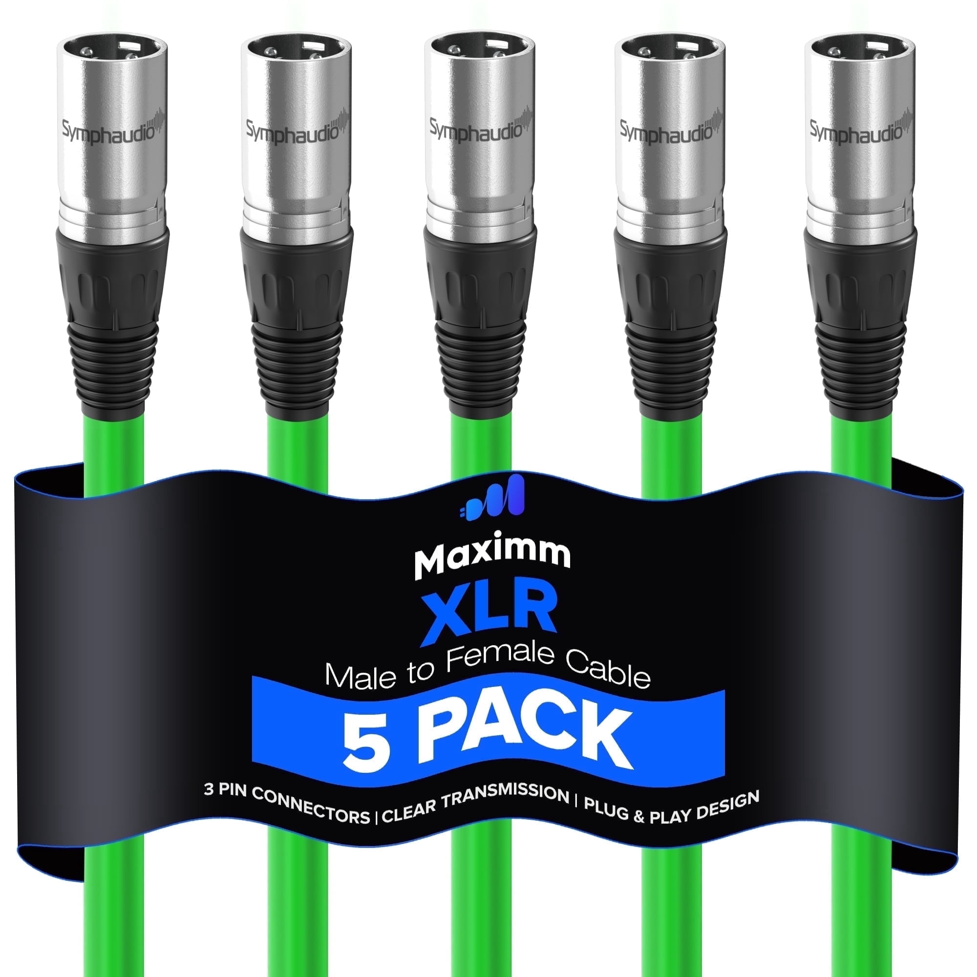 Maximm Microphone Cable, Green Mic Cable Wire XLR Male to XLR Female 30ft - Heavy Duty Microphone Cord W/Metal Connectors, Impedance-Balanced Lines for RF & EM Noise Reduction (5 Pack)
