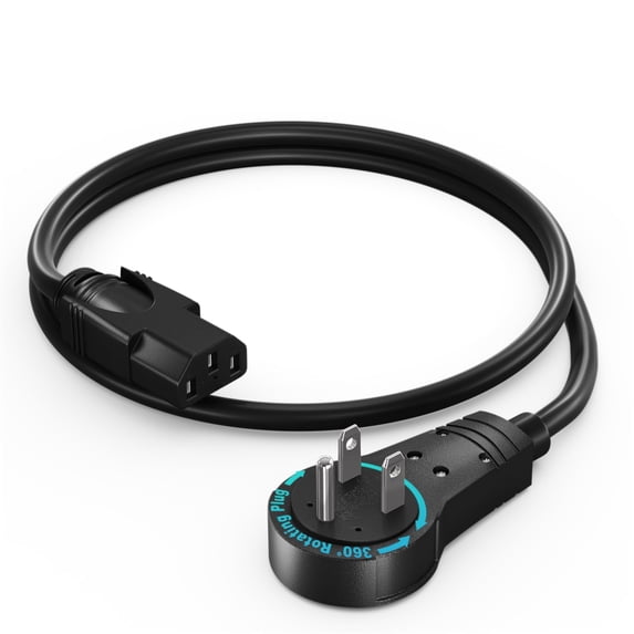 Maximm Monitor Computer Power Cord 1 Ft Flat Plug 360° Rotating PC Cable 3 Prong for, Desktop, Printer, Scanner, 16 AWG NEMA 5-15P to IEC13 - UL Certified