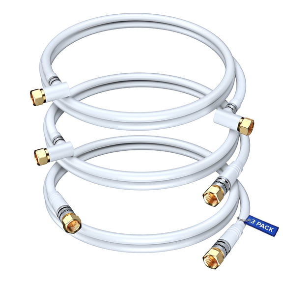 Maximm RG6 Coaxial Cable, 1.5 ft, F-Type Connector, CL3 Triple Shielded, Mixed Angled and Straight, 3 Pack, White