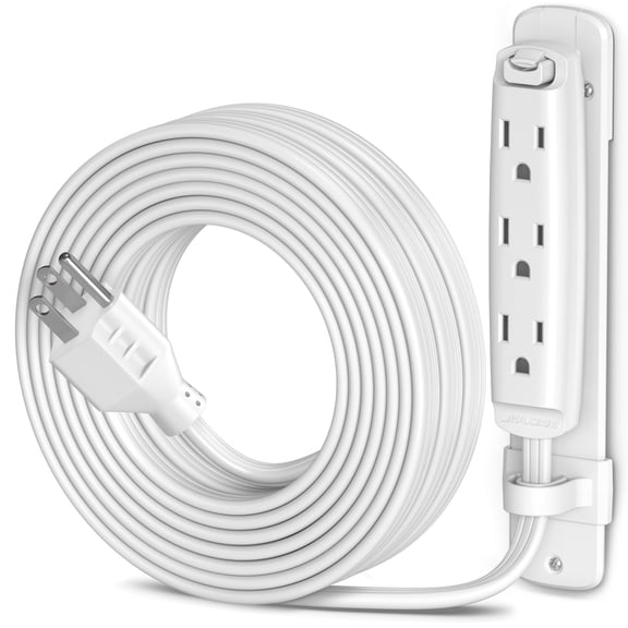 Maximm Straight Plug Extension Cord 25 ft Multi 3-Outlet Power Cord with Mounting Bracket, Grounded 16 AWG UL Certified, White