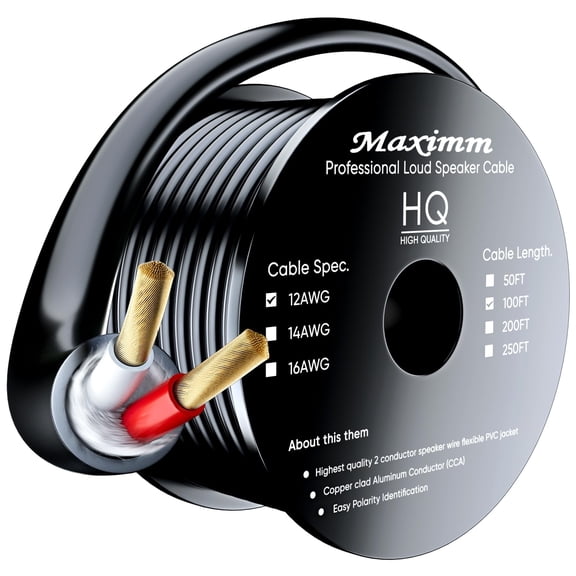 Maximm in Wall Speaker Wire - 100 Feet, Black - 12AWG CL3 Rated 2-Conductor Wire 12/2 (Copper Clad Aluminum) - Banana Plugs Included