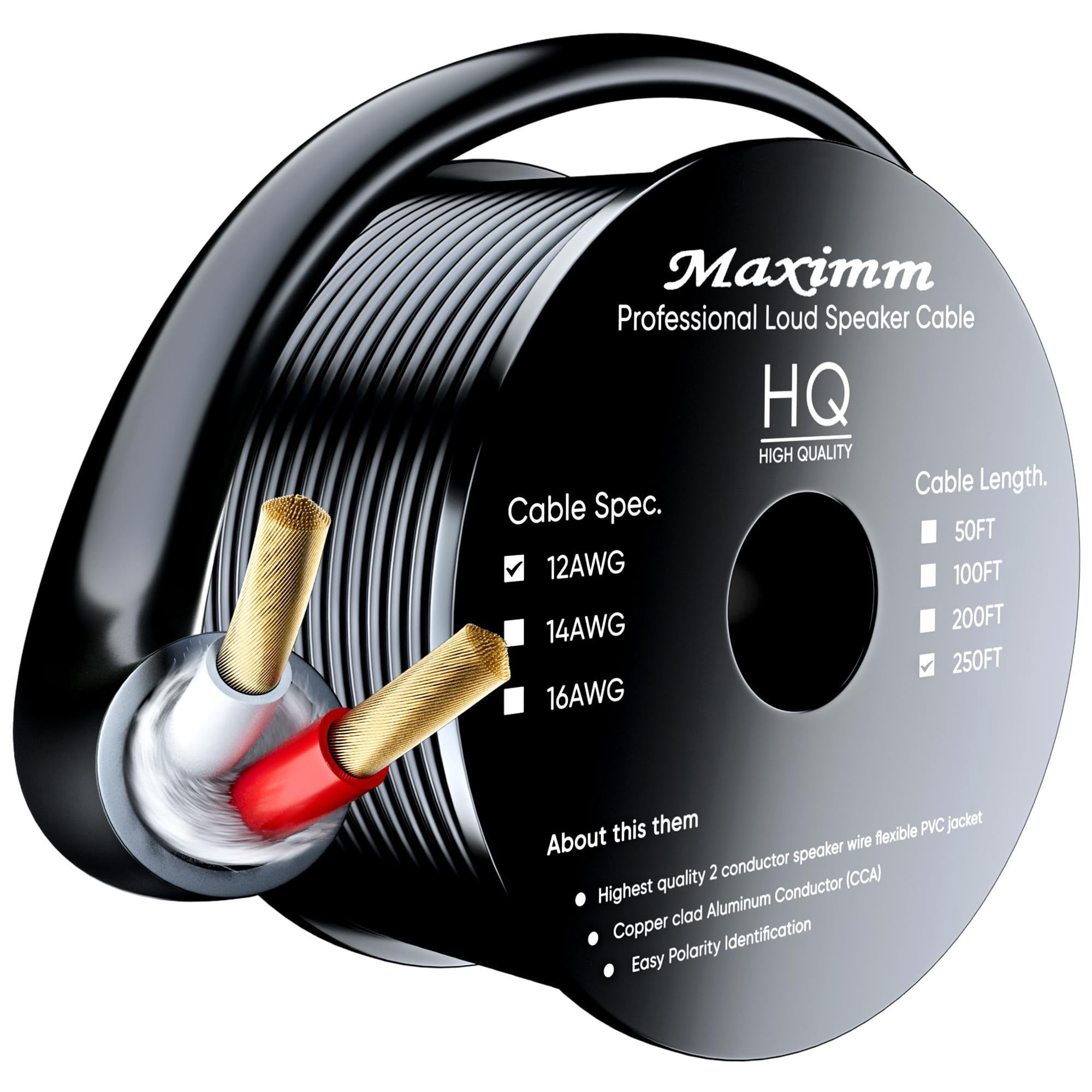 Maximm 12AWG CL3 In-Wall Speaker Wire, 2-Conductor, 250 Feet, Black ...