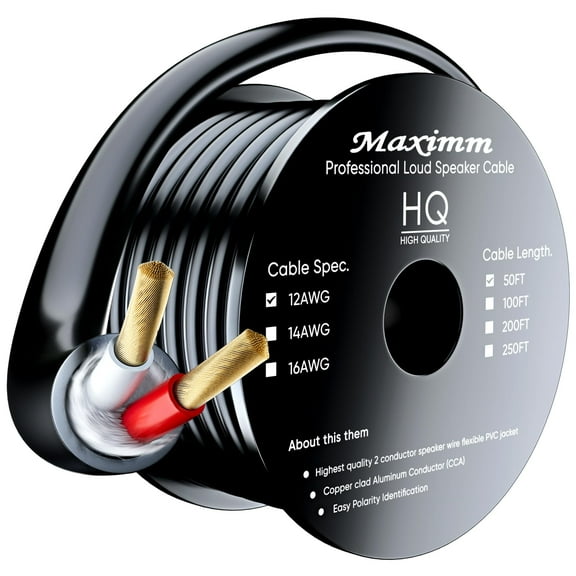 Maximm in Wall Speaker Wire - 50 Feet, Black - 12AWG CL3 Rated 2-Conductor Wire 12/2 (Copper Clad Aluminum) - Banana Plugs Included